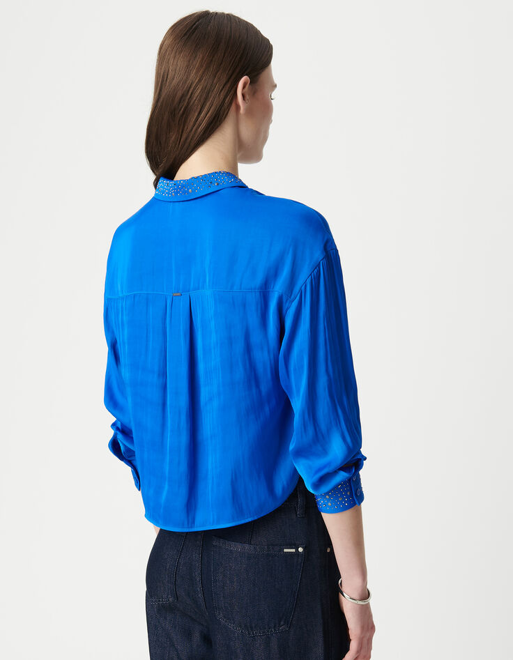Elektrisch blauw kort damesshirt met paillettenboorden-3