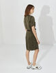 Khaki Damenkleid, Tunikakragen, Perlen, Gürtel-3