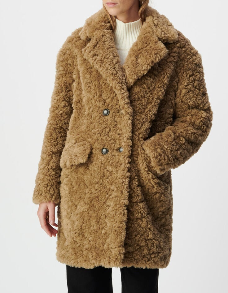 Manteau beige &agrave; poils longs Femme-2