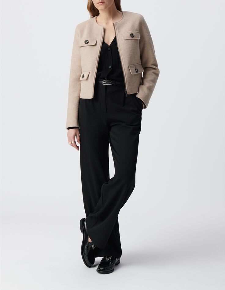 Veste droite beige lainage boutons strass Femme-7