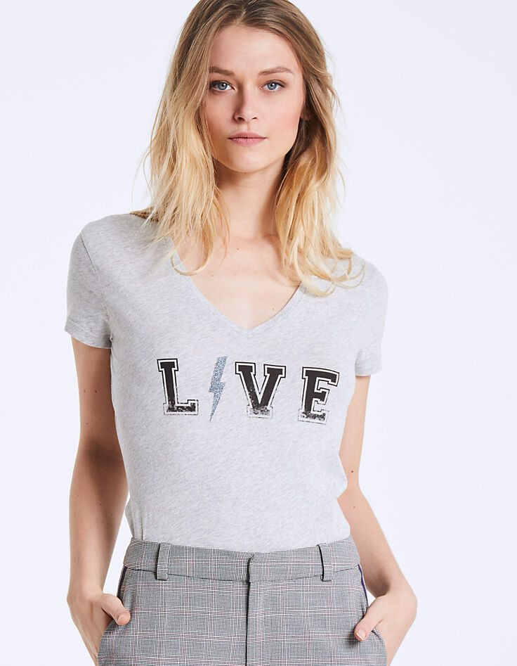 Tee-shirt col V en coton visuel Love femme-2