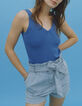 Women’s blue ribbed knit front/back V-neck top-1