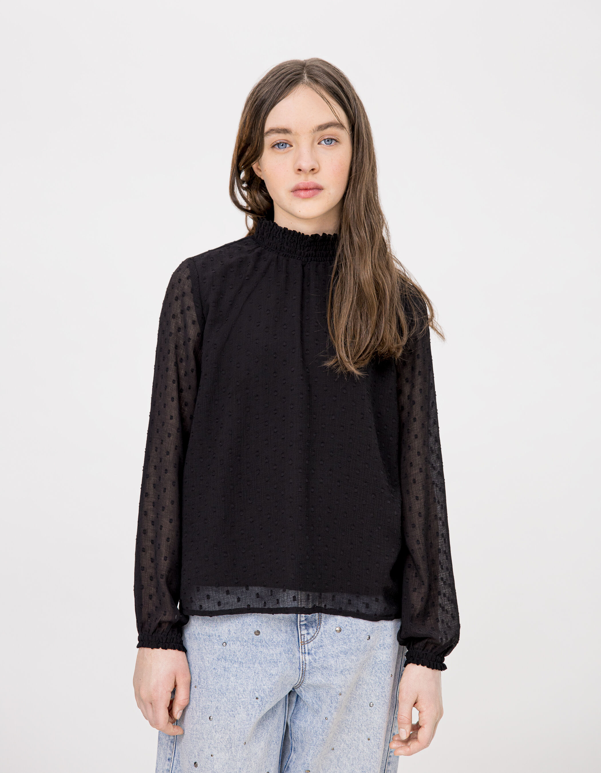 Girl s black voile blouse with plumetis pattern IKKS