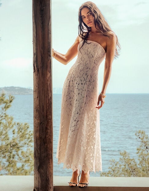 Vestido largo de encaje blanco sin tirantes Mujer - IKKS