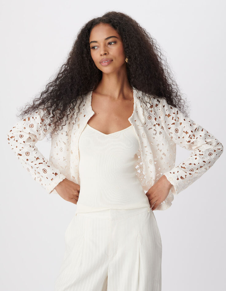 Chaqueta bolero corta de mujer de encaje blanco-4