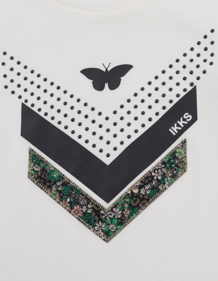 Ecru multi-material herringbone t-shirt for girls-5 Ecru multi-material herringbone t-shirt for girls-5