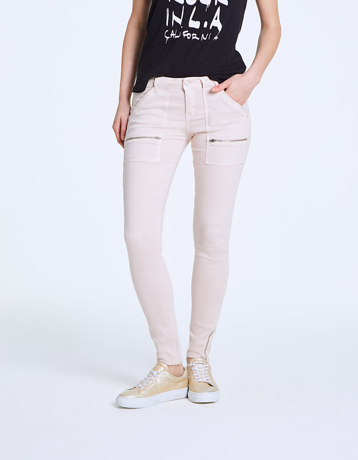 Jean slim rose, poches plaquées zippées femme-2