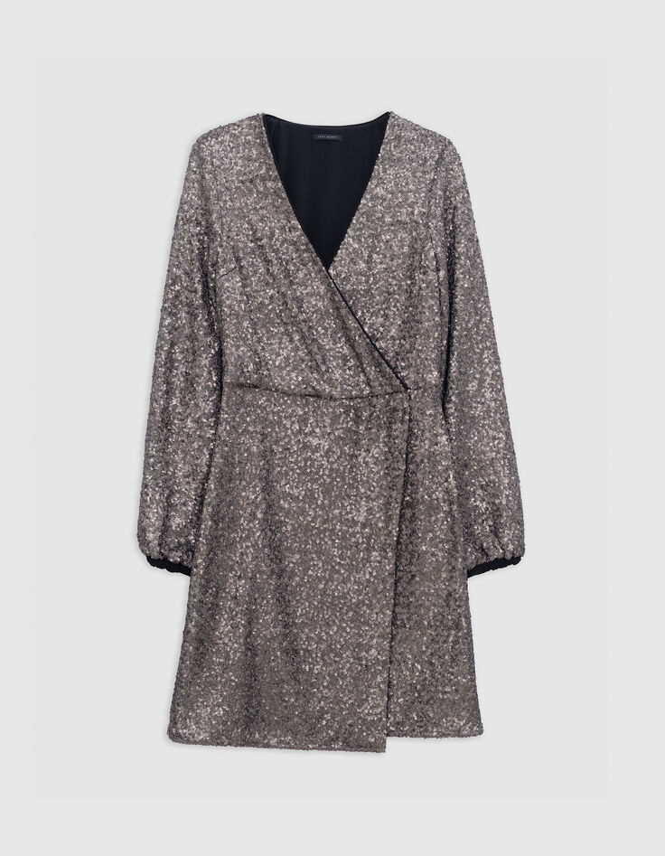 Robe portefeuille grise brodée sequins métallisés Femme-5