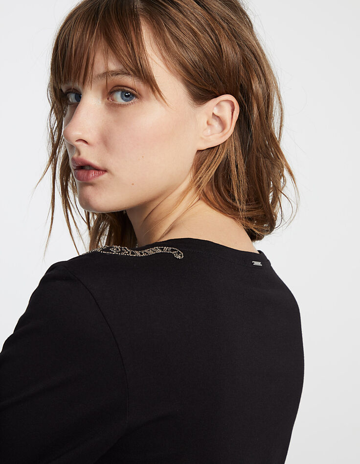 Women’s black embroidered shoulder long-sleeve T-shirt-5
