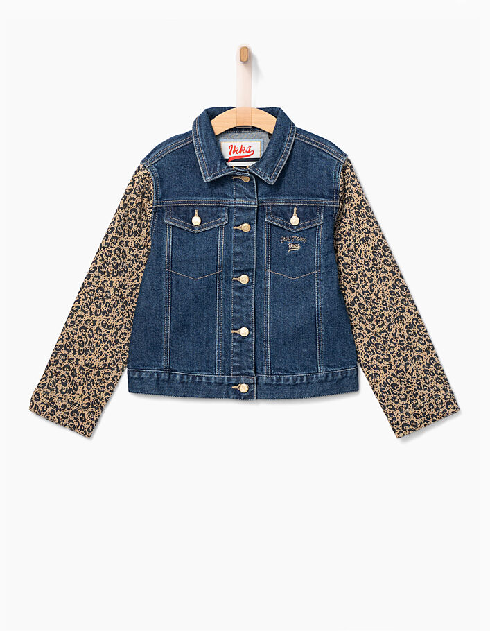 Girls' stone blue denim jacket+leopard sleeves - IKKS