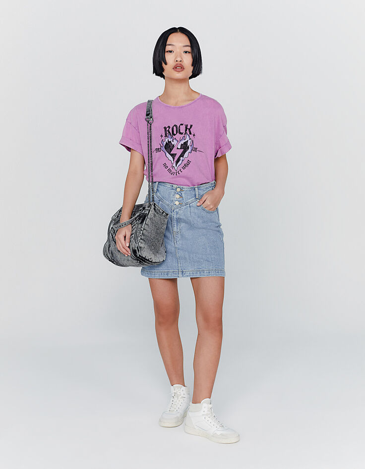 Tee-shirt en coton rose délavé visuel message rock-7