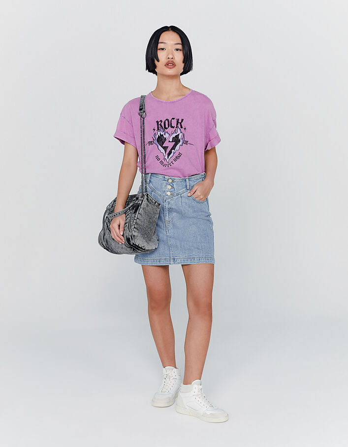 Tee-shirt en coton rose délavé visuel message rock - IKKS