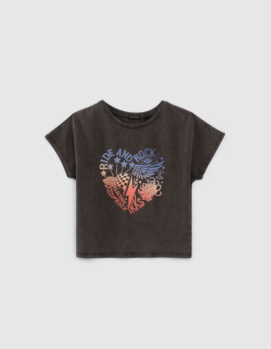 Girls&rsquo; black rock heart cropped T-shirt - IKKS