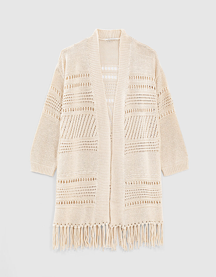 Ecrufarbene Damen-Strickjacke mit Punkten und Fransen-2