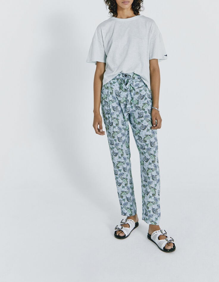 Pantalon en viscose imprim&eacute; cachemire turquoise femme-6