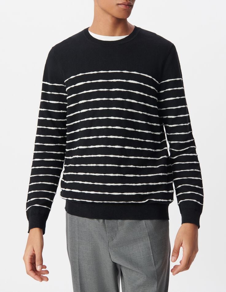 Men&rsquo;s black fine knit sailor sweater with white stripes-9