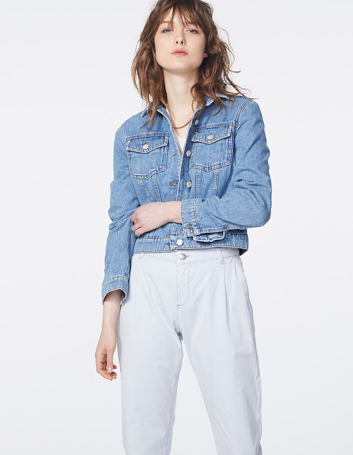 Women’s blue denim short jacket embroidered on back-2
