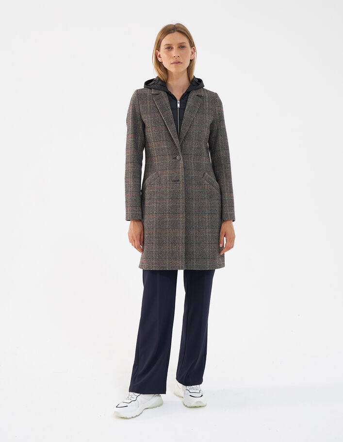 Women’s checked mid-length coat with detachable hood - IKKS