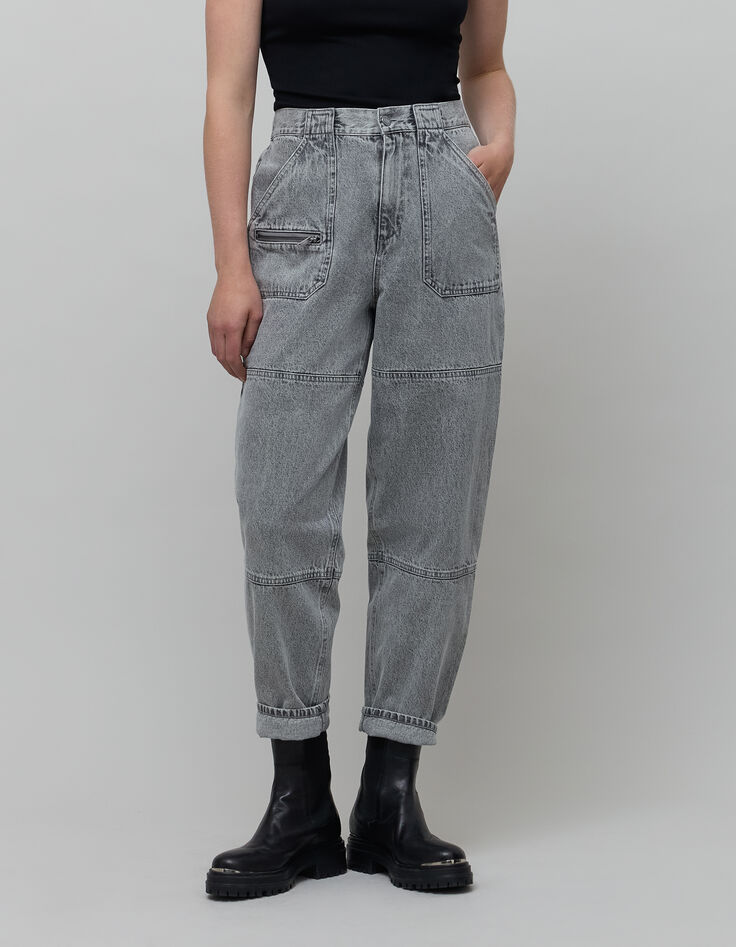 Vaqueros rectos grises de talle alto cremallera -2