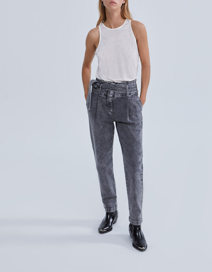 Grijze bootcut jeans hoge taille met riem Dames-1