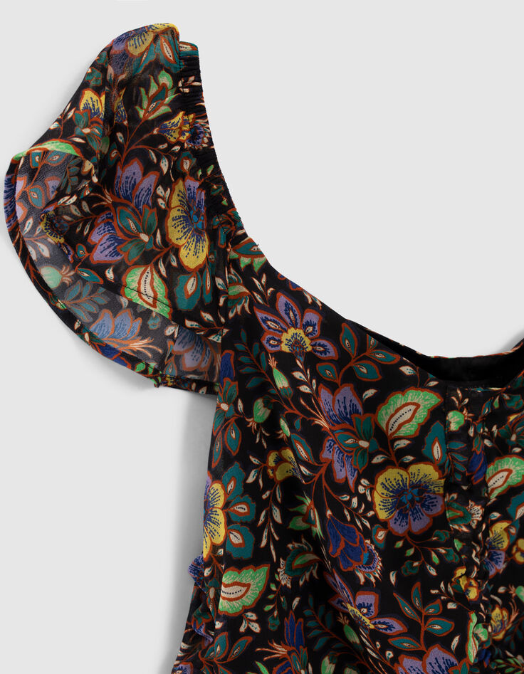 Robe noire épaules élastiquées imprimé maxi fleurs Femme-5