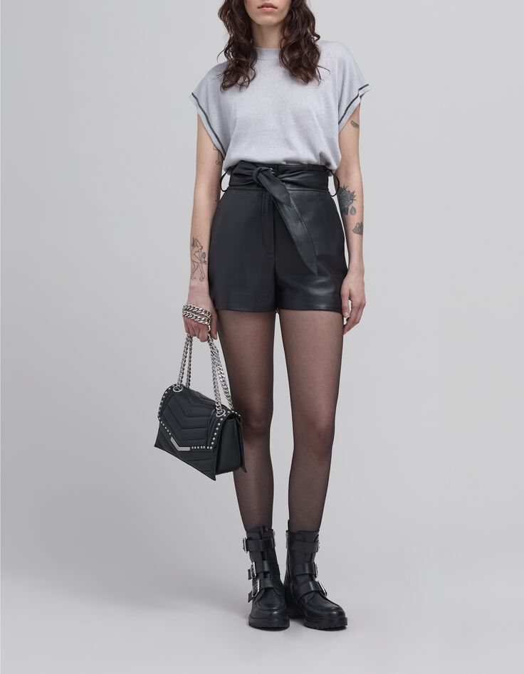 Women's cloud grey lurex knit top with curb chain detail-1