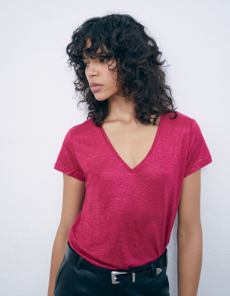 Women’s redcurrant iridescent linen V-neck T-shirt-2 Women’s redcurrant iridescent linen V-neck T-shirt-2