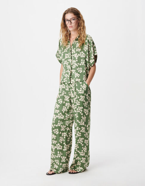 Pantalon large vert imprim&eacute; feuilles Femme - IKKS