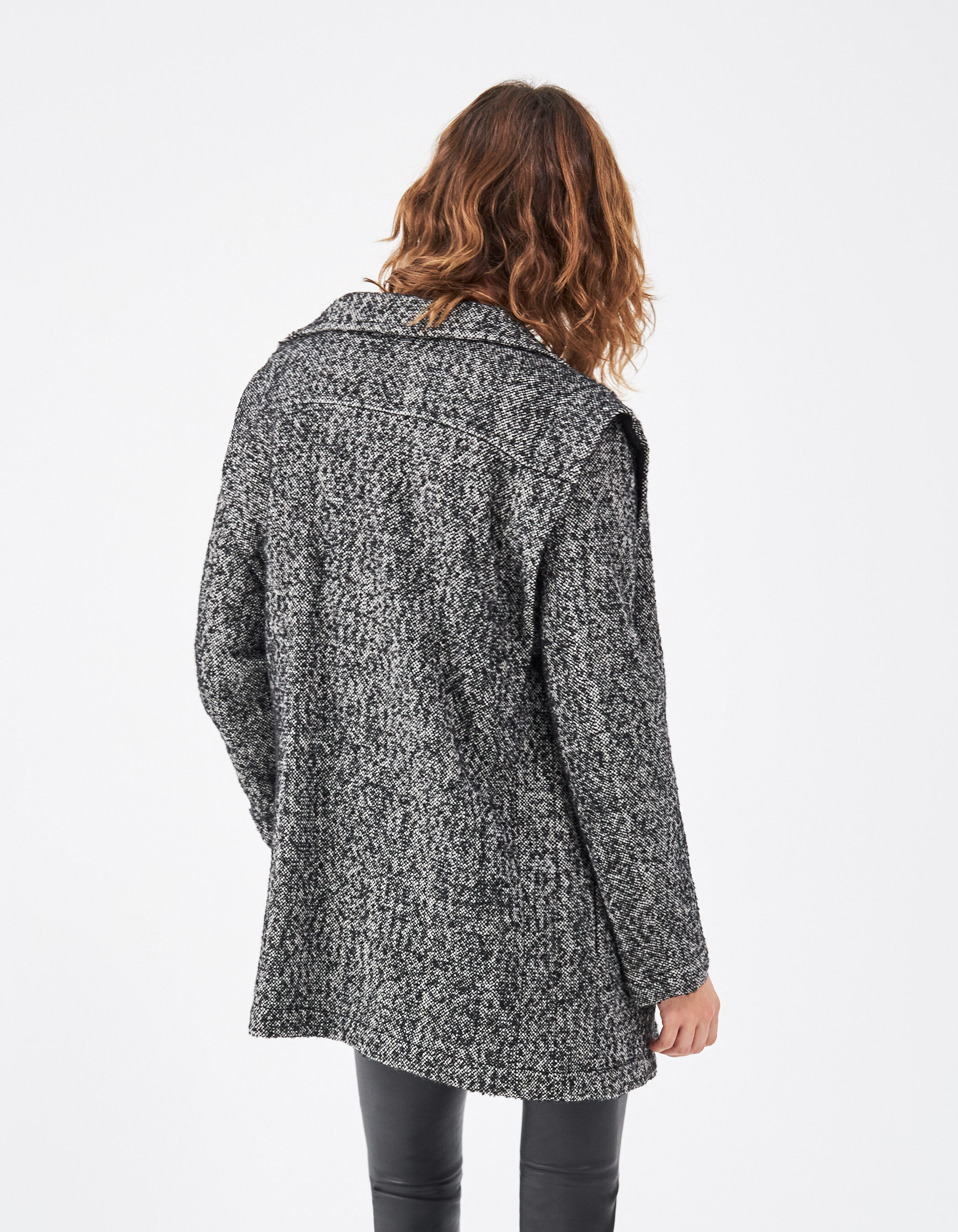 Manteau en mix laine noir col faux cuir femme