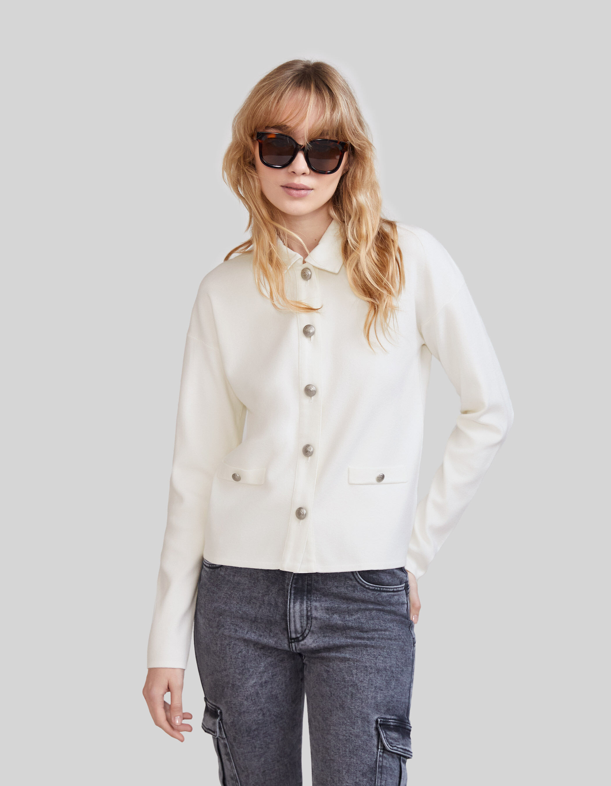 Cardigan ecru tricot esprit chemise Femme IKKS