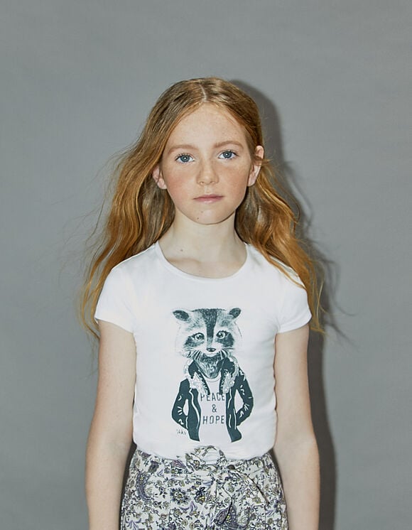 Cremeweißes Mädchen-T-Shirt mit Waschbären-Motiv