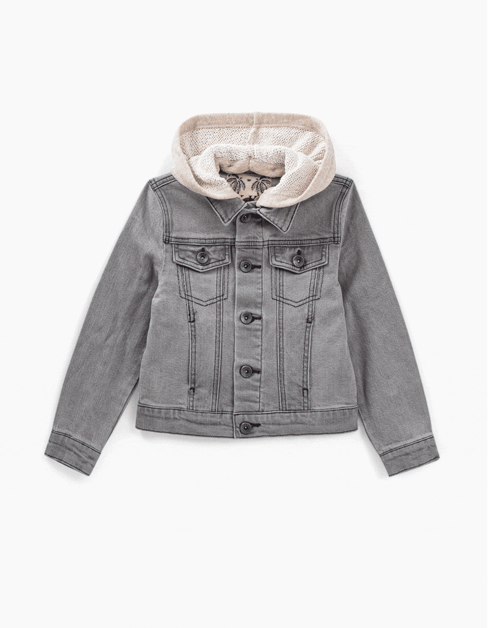 Boys’ bleached grey denim jacket + sweatshirt fabric hood - IKKS