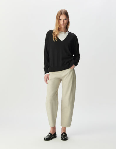 Pull encolure V noir tricot fin oversize Femme - IKKS