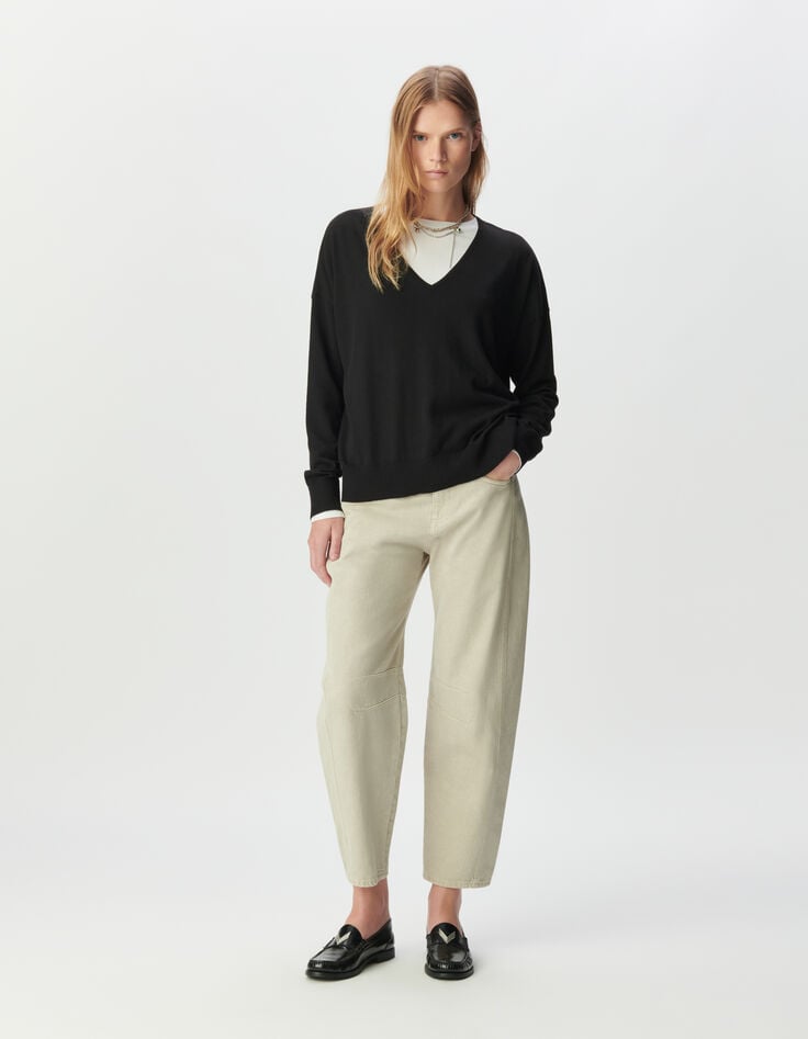 Pull encolure V noir tricot fin oversize Femme-1 Pull encolure V noir tricot fin oversize Femme-1