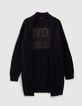 Women’s navy blue knit cardigan with grey intarsia slogan-1