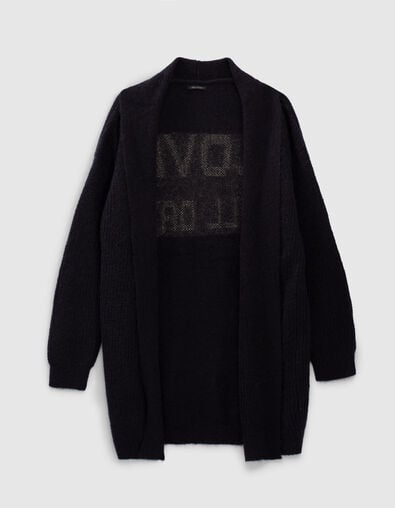 Women’s navy blue knit cardigan with grey intarsia slogan - IKKS
