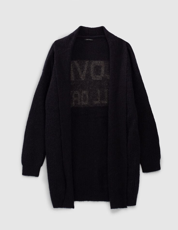 Women’s navy blue knit cardigan with grey intarsia slogan-1