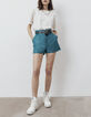 Short taille haute en cuir certifié bleu émeraude femme-6