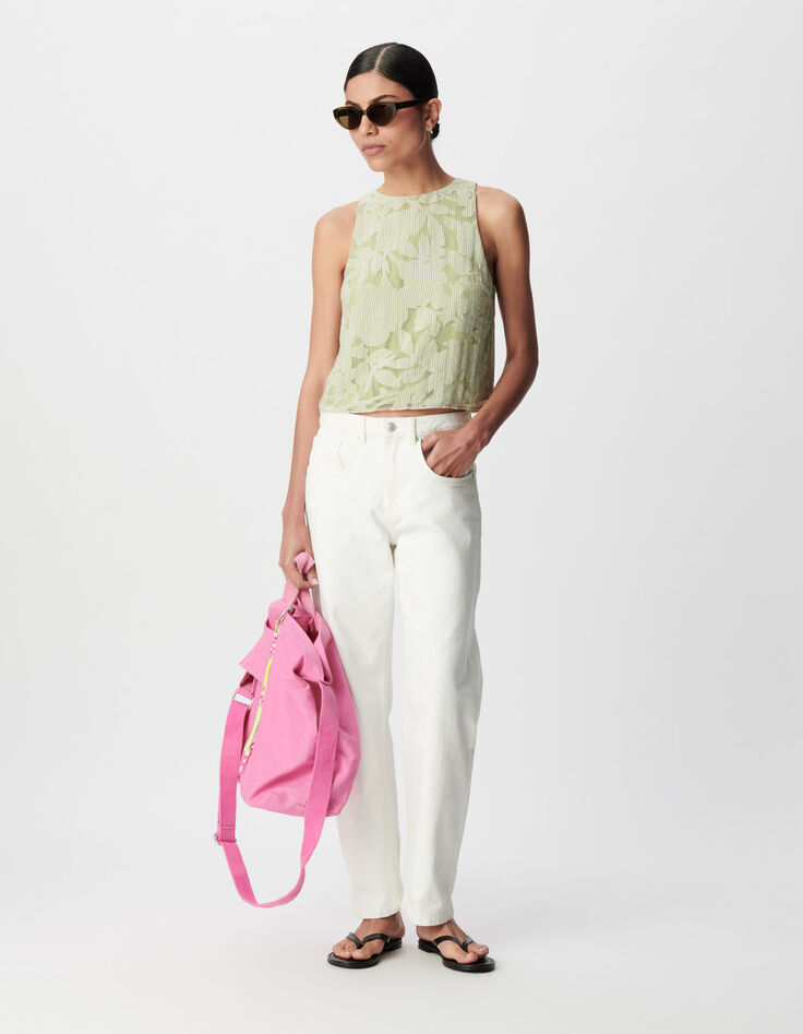 Top sin mangas verde estampado mixto rayas y vegetal Mujer-1