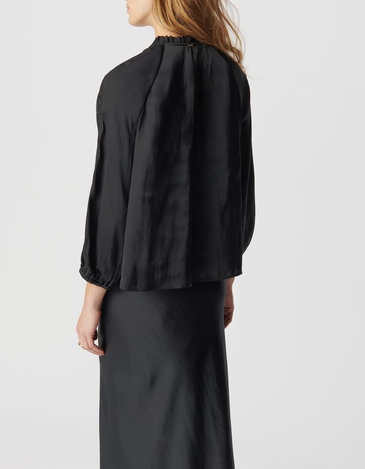 Blusa negra efecto arrugado con encaje Mujer-3