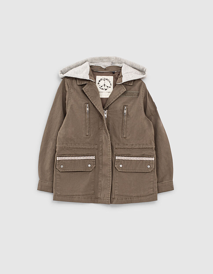 Parka kaki brodée dos à capuche amovible fille-1