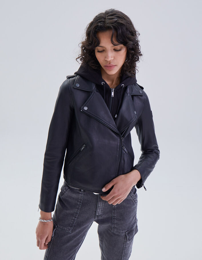 Women's black lambskin jacket with removable hood-1
