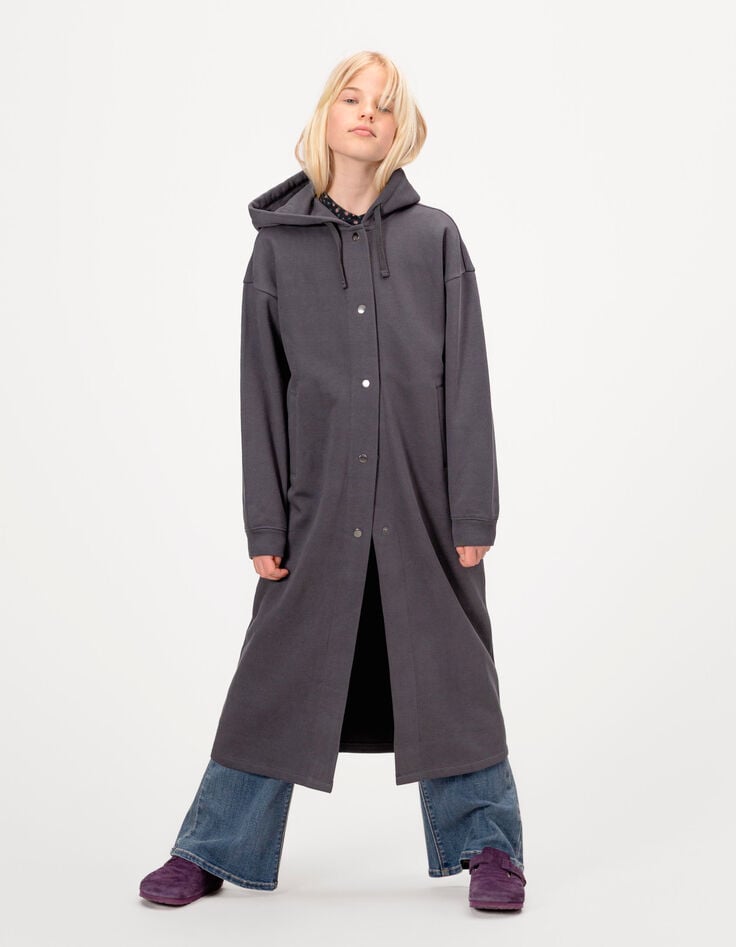 Girls’ grey midi-length hooded cardigan-1 Girls’ grey midi-length hooded cardigan-1