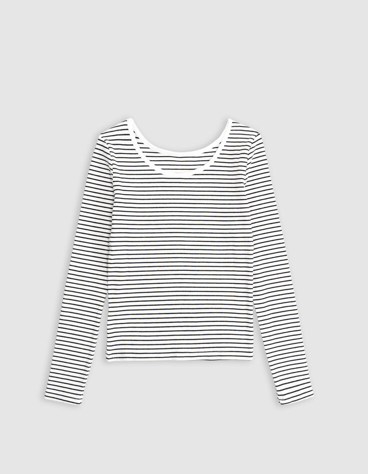 Weißes Mädchen-T-Shirt aus Biobaumwolle, Marinestreifen-5