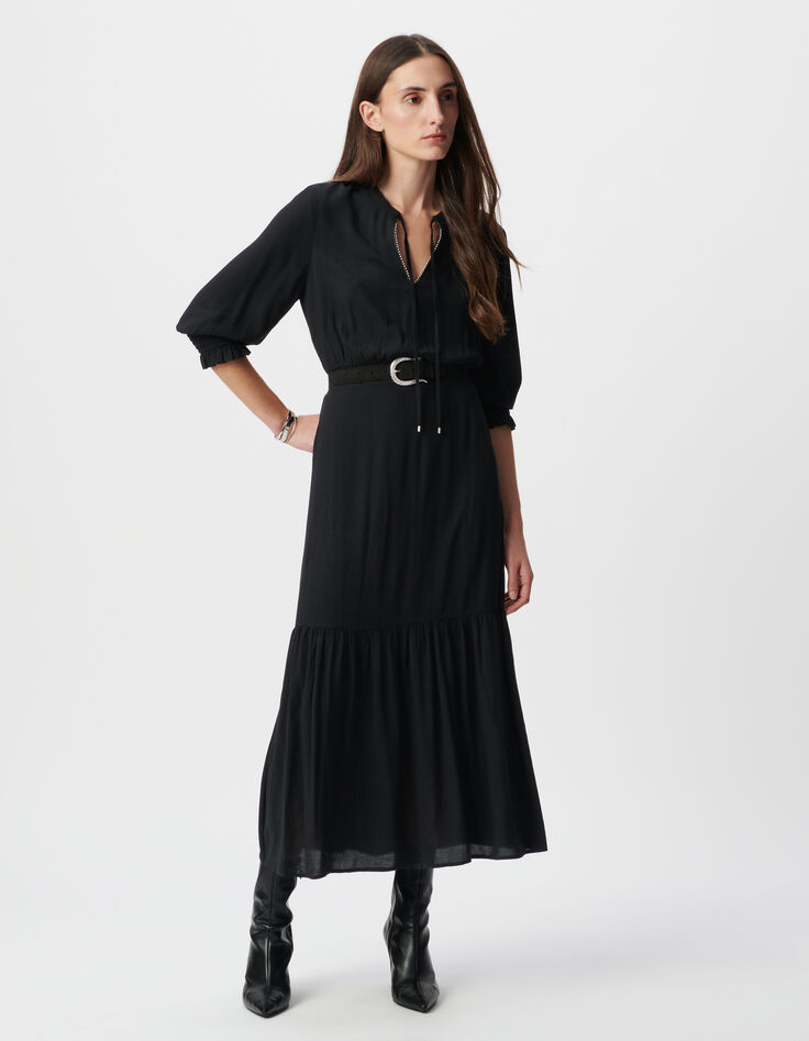 Zwarte lange jurk LENZING™ ECOVERO™ micro-kraag Dames-2