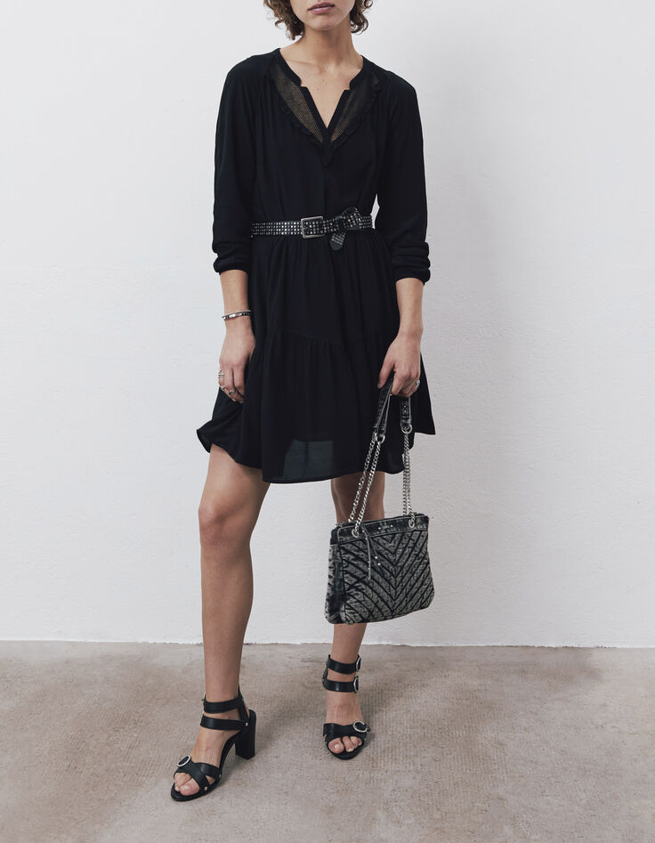 Vestido ancho negro rejilla y volantes mujer-1