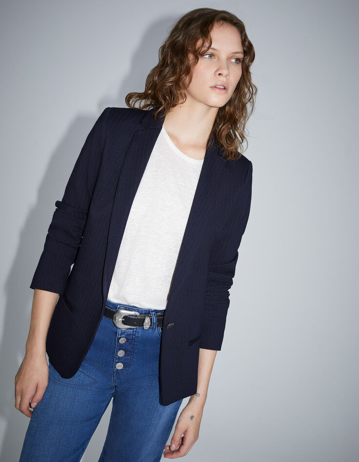 Veste de costume marine maille à rayures tennis Femme-6