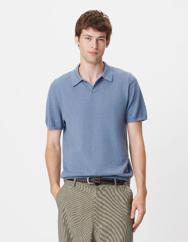 Men's blue cotton flamed short-sleeve polo shirt-2