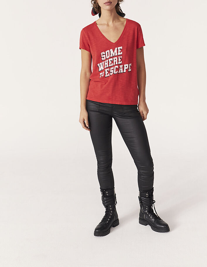 Tee-shirt rock col V en coton rouge feu message femme - IKKS