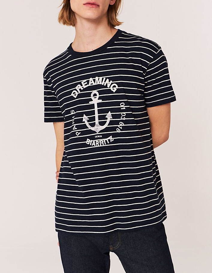 Men’s white-striped navy linen blend T-shirt with anchor - IKKS